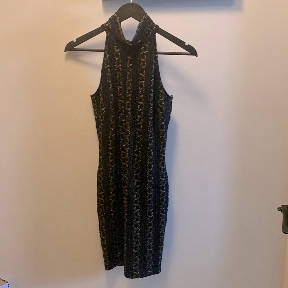 Torn by Ronny Kobo body con gold threaded little black dress
